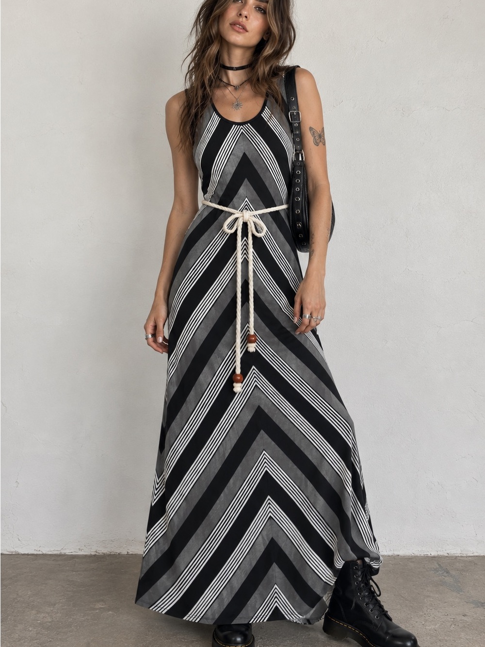 Calvin Klein Chevron Maxi Dress Size 4 Boho Grunge Alternative Rope Belt